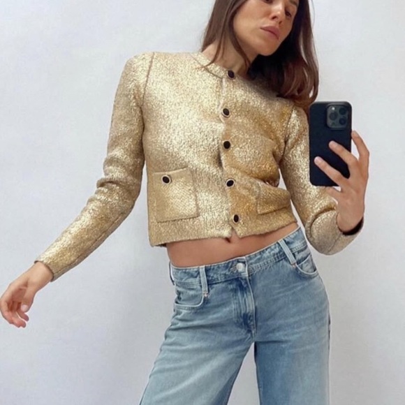 Zara Sweaters - Zara Foil Knit Cardigan with Black & Gold Buttons